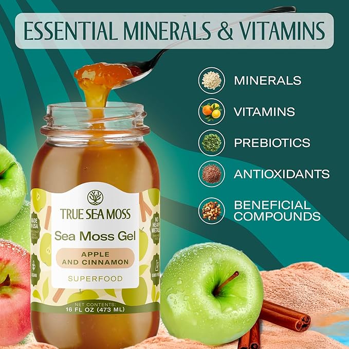 TrueSeaMoss Sea Moss Gel – Made in USA – Wildcrafted Seamoss Fruits &amp Jarred Vegetables – Apple/Cinnamon Pack of 3 (Labels may Vary)