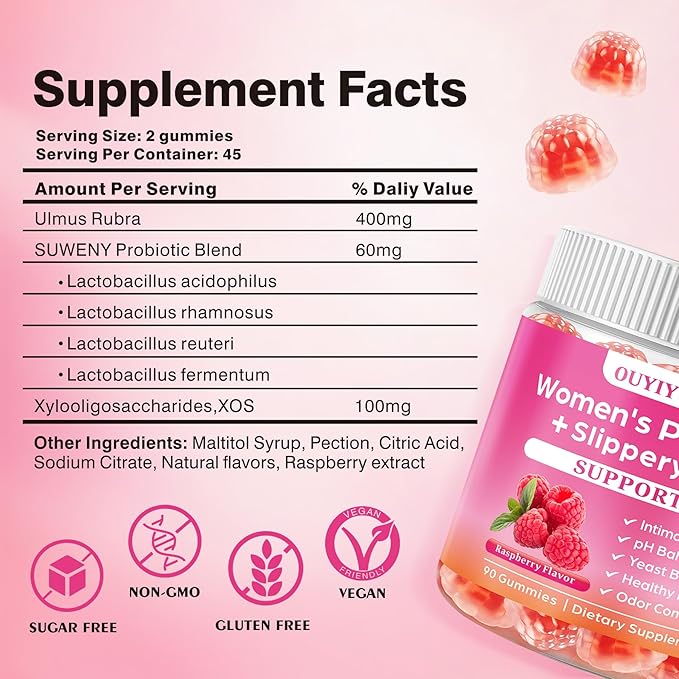 Women's Probiotic Gummies pH Balance &amp Gut Flora Natural Raspberry Flavor Vegan &amp Non-GMO 90 Gummies