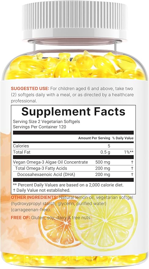 Micro Ingredients Kids Omega-3 Fish Oil 240 Veggie Softgels | Vegan Omega 3 with 200mg DHA | Lemon Flavored | Fish Oil Alternative from Algae Oil | No Fishy Smell or Aftertaste