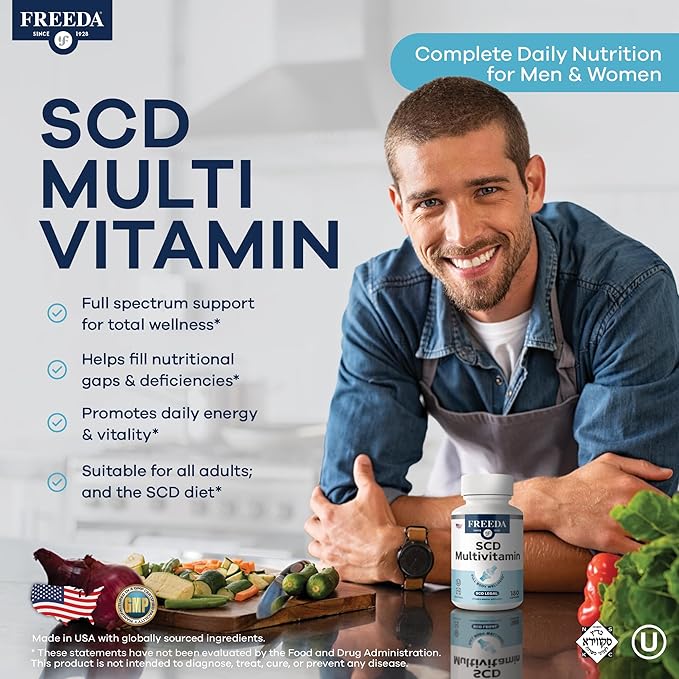 FREEDA SCD Multivitamin – Daily Multivitamin Supplement for Men &amp Women – Vegan Gluten-Free SCD Legal – Kosher Certified Adult Vitamins – Specific Carbohydrate Diet Friendly – 180 Capsules