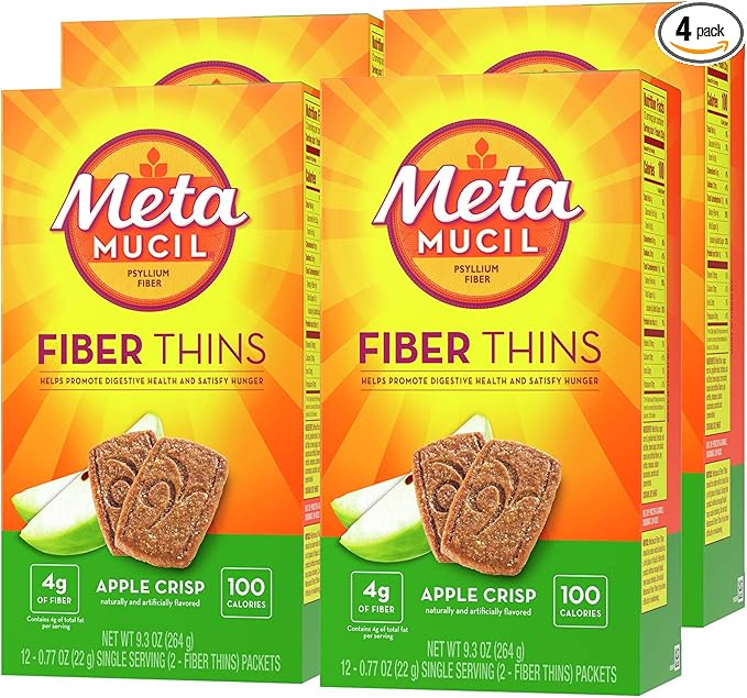 Metamucil Fiber Thins Daily Psyllium Husk Fiber Supplement Supports Digestive Health and Satisfies Hunger Apple Crisp Flavor 48 Total Servings (4 Packs of 12)