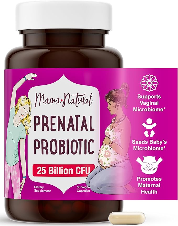 Mama Natural Prenatal Probiotics for Women – Gut &amp Immune Support for Pregnancy Breastfeeding &amp Postpartum* | 25 Billion CFU 12 Strain Probiotic &amp Prebiotic Blend to Support Mom and Baby