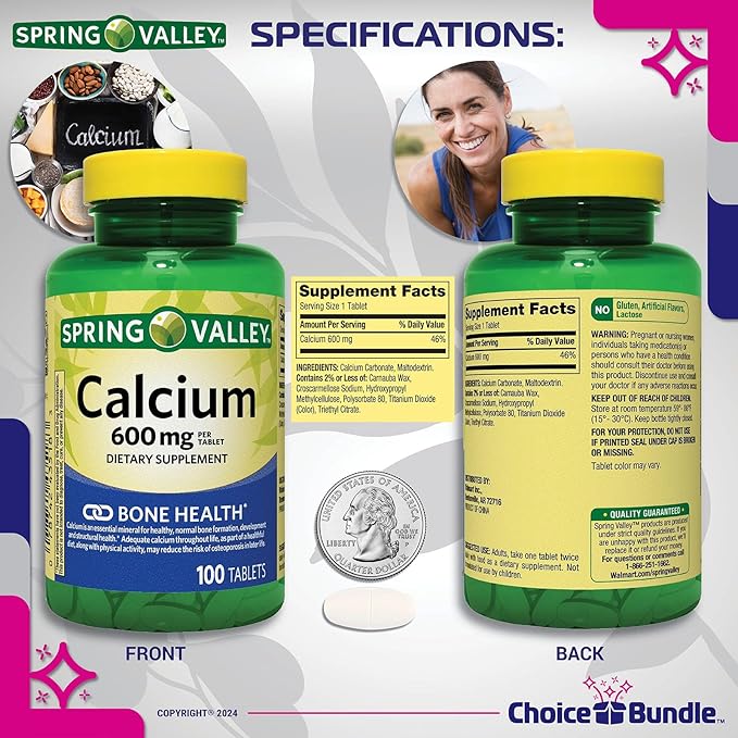 Choice Bundle Spring Valley Calcium Bone Health Dietary Supplement Tablets 600 mg 100 Ct 4 pk (400 Total) + Vitamin Guide &amp Pill Container (6 Items)!