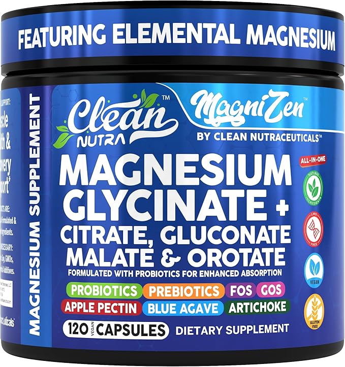 Clean Nutra Magnesium Glycinate Citrate Malate Orotate Taurate Supplement Complex + 10 Strain Probiotic Prebiotics FOS GOS Inulin Sleep Calm Support Apple Pectin – 120 Vegan Capsules