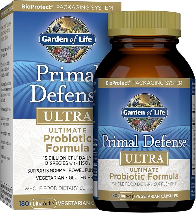 Garden of Life Probiotics for Digestive Health and Gut Health Balance Primal Defense Ultra Ultimate Formula 15 Billion CFU and 13 Strains Plus HSOs Vegetarian and Gluten Free 180 Capsules