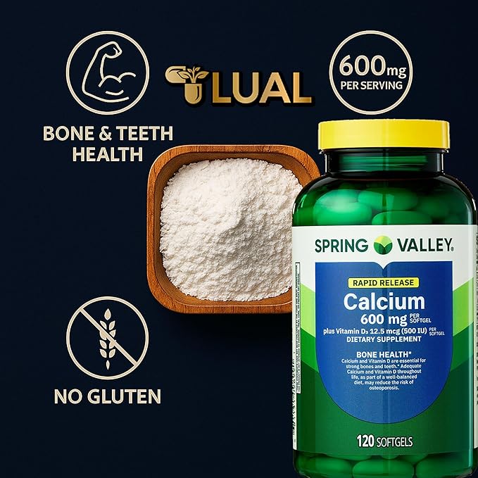 Spring Valley Calcium 600 mg + Vitamin D3 120 Softgels Bone Health Strong Teeth &amp Osteoporosis Support Rapid-Release Capsules Gluten-Free Supplement Bundle with Luall's 45 Diabetes Decoded