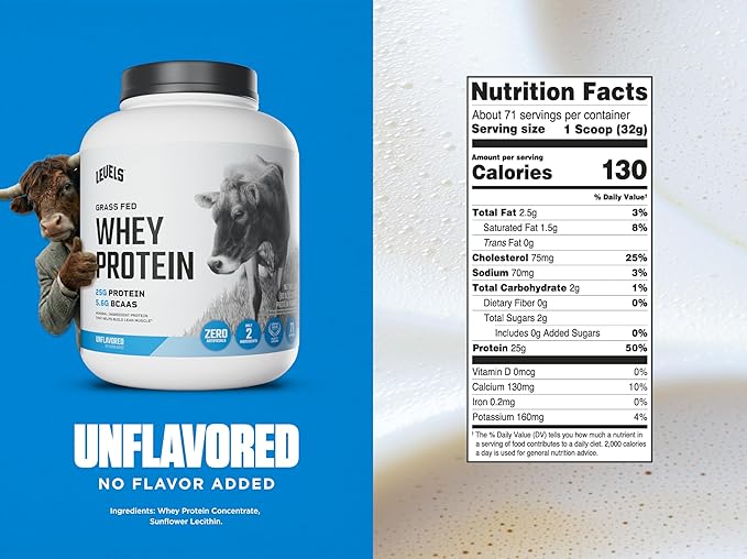 Levels Grass Fed Whey Protein Powder No Artificials 25G of Protein Unflavored 5LB