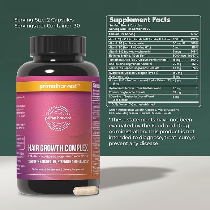 Primal Harvest Hair Growth Vitamins Hair Growth for Women &amp Men - 60 Hair Growth Pills Natural Hair Thickening Products for w/Biotin &amp Zinc - Hair Supplement Regrowth Hair Vitamins