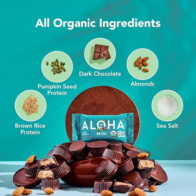 ALOHA Organic Plant Based Protein Bar MINIS | Almond Butter Cup | GLP-1 Friendly 20 Count 24g Bars | Vegan Low Sugar Gluten Free Low Carb Non-GMO No Stevia No Soy No Sugar Alcohols