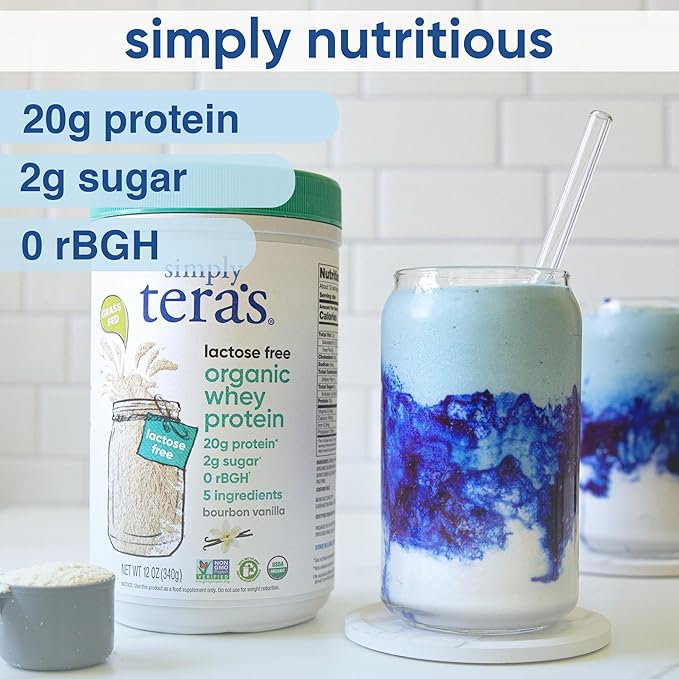 simply tera's Lactose Free Organic Whey Protein Powder - Lactose Free Vanilla 20g of Protein Per Serving Non-GMO Gluten-Free rBGH-Free Kosher - 12 Oz.