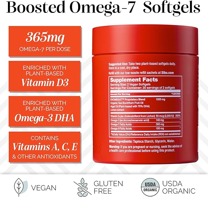 sibu Sea Buckthorn Omega-7 Plus Softgels Starter Kit (30 Day Supply) – Blend of Sea Buckthorn Oil and Plant-Based Vitamin D3 &amp Omega-3 DHA
