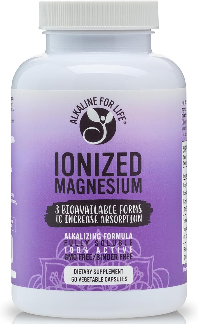 Alkaline for Life Ionized Magnesium Glycinate Citrate Ascorbate Supplement 4 Forms Alkalizing Magnesium Complex for Absorption Bone Muscle &amp Sleep Support Professional Grade Non-GMO 60 Capsule