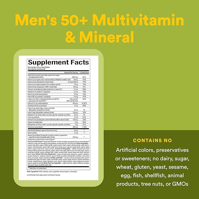 Natural Factors Whole Earth &amp Sea Men's 50+ Multivitamin &amp Mineral - Daily Nutritional Support Multivitamin - Supports Brain Health &amp Immune System Function - Vegan - 120 Tablets (60 Servi