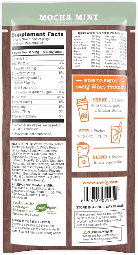 swiig Single Serve Whey Coffee Mocha Mint 10pk – Premium Daily Whey Protein 20g Gluten Free GMO Free No Fillers No Artificial Flavors