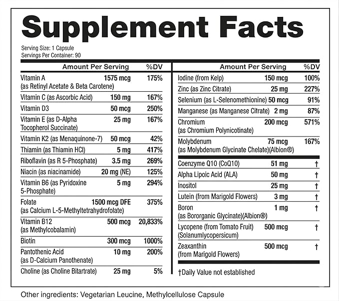 Eliixr Methylated Multivitamin 3 Month Supply 90 Capsules1500 mcg of Active Folate Methylated B12 Vitamin A C K2 D3 E Choline Biotin ALA CoQ10 B-Complex and More. Made in The USA