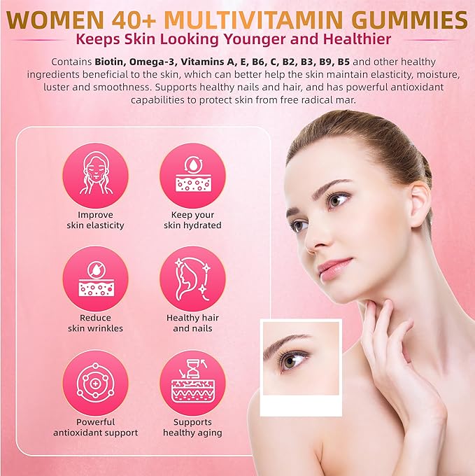 Multivitamin for Women Gummies for 40+ with Omega-3 Niacinamide B-Complex Lutein Iron Choline Phosphatidylserine Vitamin D3 - Vegan Sugar Free 60Count