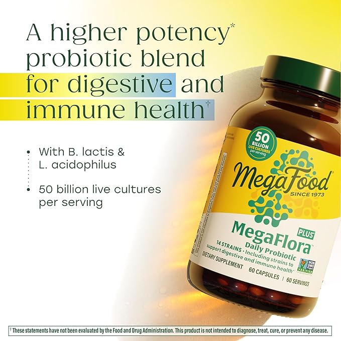 MegaFood MegaFlora Probiotic Plus - Probiotics for Women and Men Digestive Health- 50 Billion CFUs &amp 14 Strains - Immune Support Supplement - Vegetarian - 30 Capsules