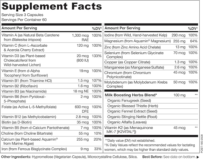 NATURELO Postnatal Multivitamin - Supplement for Breastfeeding Women - Plant-Based Vitamin D Folate Gentle Iron - for Nursing Mother Baby - Post Natal Lactation Support - 180 Count (Pack of 2)
