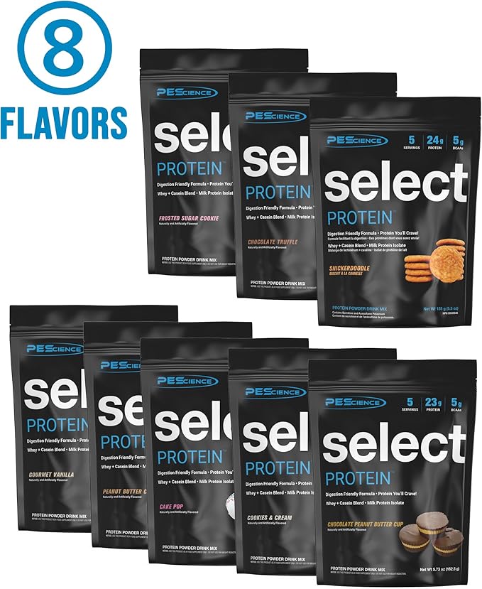 PEScience Select Protein Powder Variety Pack - 8 Flavors - 40 Servings - Protein Powder Sample Pack Whey and Casein Blend Keto Friendly Gluten Free Digestion Friendly Amazing Taste