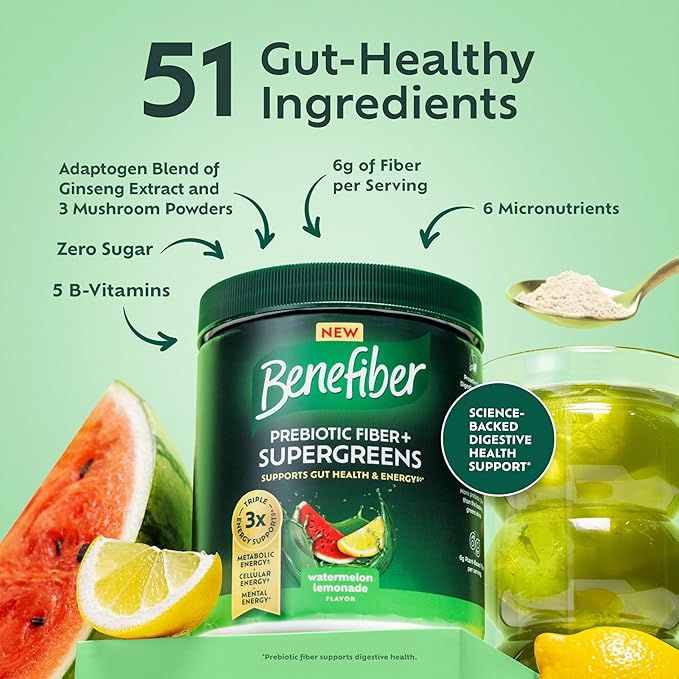 Benefiber Prebiotic Fiber + Supergreens Dietary Supplement Powder Watermelon Lemonade Flavor 8.8 oz (250g)