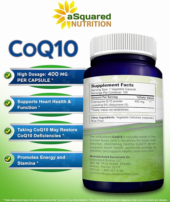 aSquared Nutrition CoQ10 (400mg Max Strength 100 Veggie Capsules) - High Absorption Coenzyme Q10 Powder - Ubiquinone Supplement Pills Extra Antioxidant CO Q-10 Enzyme Vitamin Tablets Coq 10 400 mg