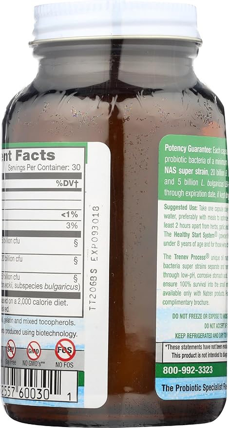 Natren Healthy Trinity Probiotics Supplement - 30 Dairy and Gluten Free Gel Capsules - Improve Gut and Digestive Health 30 Billion CFU - Lactobacillus Acidophilus Bifidobacterium Bulgaricus
