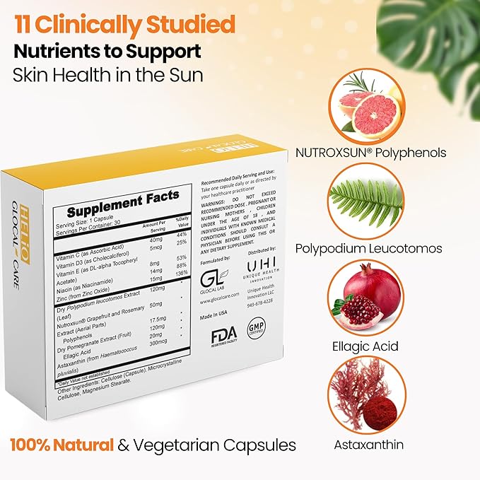 GlocalCare Helio – Antioxidant-Rich Sun Defense &amp Skin Rejuvenation Supplement with Polypodium Nutroxsun Astaxanthin &amp Pomegranate Extract - Fights Photoaging &amp Oxidative Stress - (30 Ca