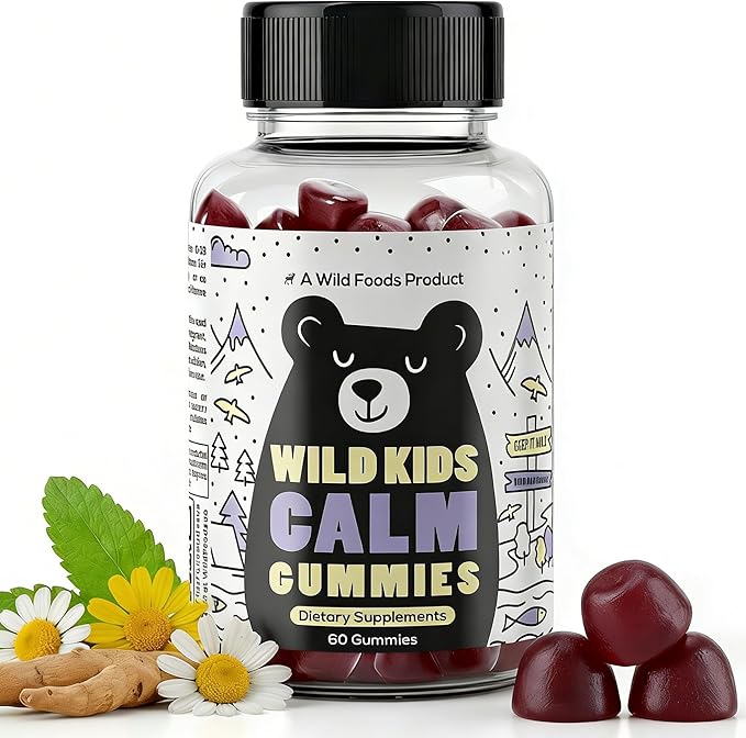 Wild Foods Kids Calm Gummies - Ashwagandha Gummies for Kids w/GABA L-Theanine Lemon Balm &amp Charmomile - Support Natural Relaxation Stress Relief &amp Sleep for Children 4+ Berry Flavor 60 C