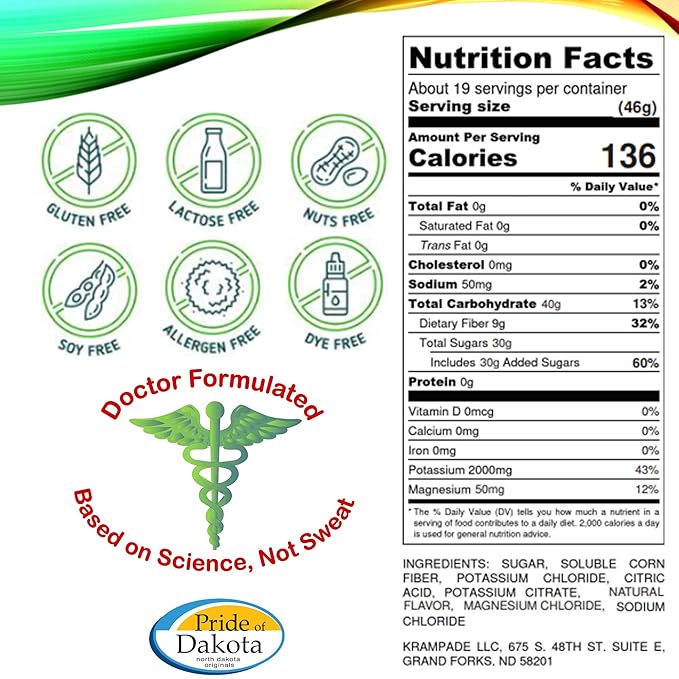 Krampade High Fiber High Potassium Electrolyte Powder Lemon Lime 9g Dietary Fiber 3950mg Electrolytes 2000mg Potassium 50mg Magnesium Digestive Health Support Leg Cramp Relief 19 Servings