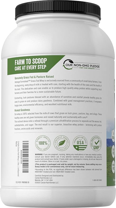 Carlyle Grass Fed Whey Protein Powder | 2lb | 33g of Protein Per Serving | Unflavored | Sugar and Hormone Free | Non-GMO and Gluten Free Supplement | by Herbage Farmstead