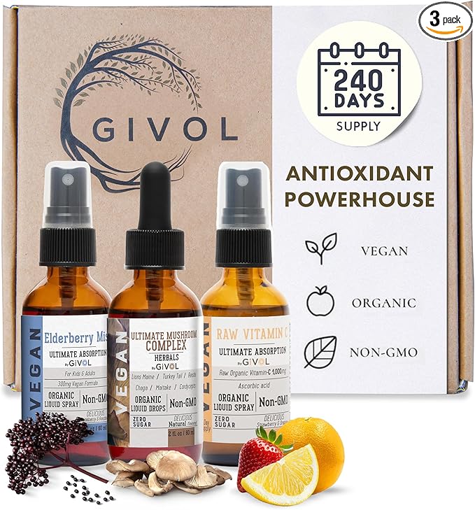 Antioxidant Powerhouse Bundle - Elderberry Raw Vitamin C Mushroom Complex - Nutriments Phytonutrients &amp Cognitive Well-Being All in One Package - Multivitamins - 2 Fl Oz - 240 Days Supply