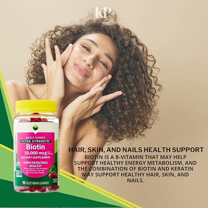 KP+ Biotin | Biotin10000 mcg Gummies Extra Strength | Supports Hair Skin &amp Nail Health | 90 Vegetarian Gummies | Cherry Flavor | Pack of 2