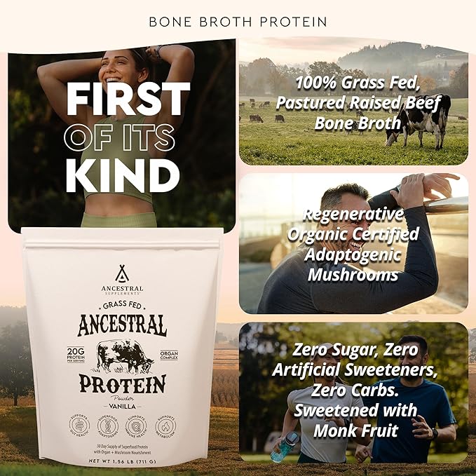 Ancestral Supplements Grass Fed Protein Powder Vanilla Beef Bone Broth Based with Beef Organs &amp Organic Mushrooms Gut Health Support High Protein Supplement 20g Protein Per Serving 30 Day Su