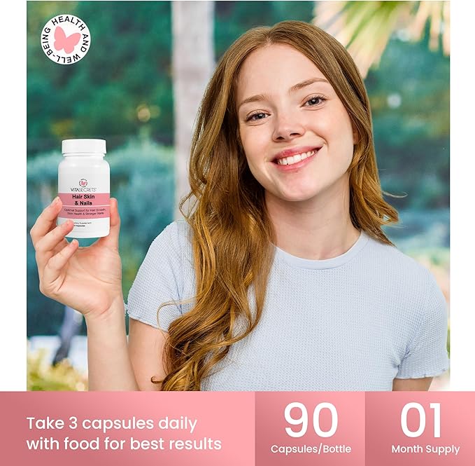Vitasecrets Hair Skin &amp Nails Super Blend – 90 Capsules with Biotin Collagen and Hyaluronic Acid for Healthy Hair Glowing Skin and Stronger Nails – Non-GMO Gluten-Free Made in The USA