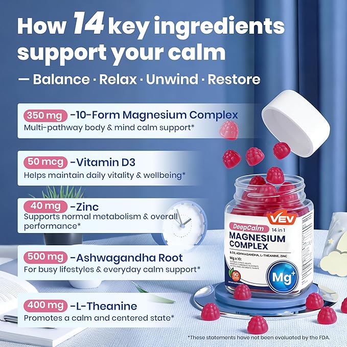 VEV Deep Calm Magnesium Complex 14-in-1 Gummies – 90 Count (Pack of 1) – with D3 Ashwagandha L-theanine Zinc – Magnesium Complex for Women and Men – No Added Sugar Vegan Magnesium Glycinate Gummies