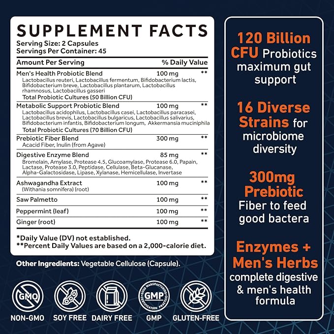 Probiotics for Men 120 Billion CFUs Men’s Probiotics for Digestive Health with Prebiotic Digestive Enzymes Ashwagandha for Immune Stomach Bloating &amp Gut Health for Men 16 Strains 90 Capsule