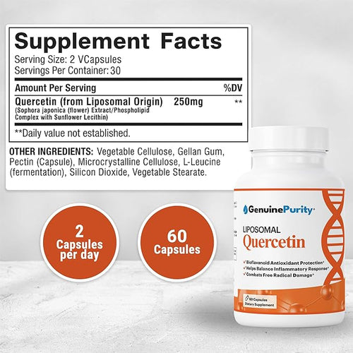 250mg Liposomal Quercetin Supplements - 60 Vegan Capsules to Support Antioxidant Defense Cellular Health &amp Immune System - Quercetin Capsules Perfect for Healthy Aging and Vitality