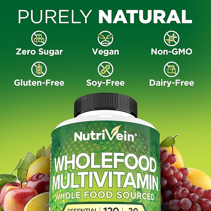 Nutrivein Whole Food Multivitamin for Men &amp Women – 120 Vegan Multivitamin Caps for Adults – Daily Energy Immune &amp Heart Support – Raw Fruit &amp Veggie Blend + B Vitamins - Not Intended for