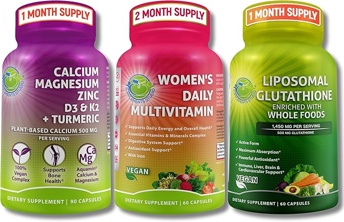 Vegan Bone &amp Immune Support Bundle - Liposomal Glutathione 500mg with Organic Whole Foods + Women's Daily Multivitamin with Iron &amp Plant-Based Calcium Magnesium D3 K2 Zinc and Turmeric