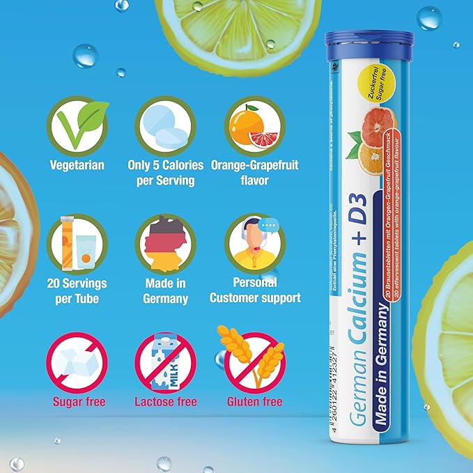 German Calcium + VIT. D - 240 Vegetarian Drink Effervescent Tablets - Orange-Grapefruit Flavor - Made in Germany