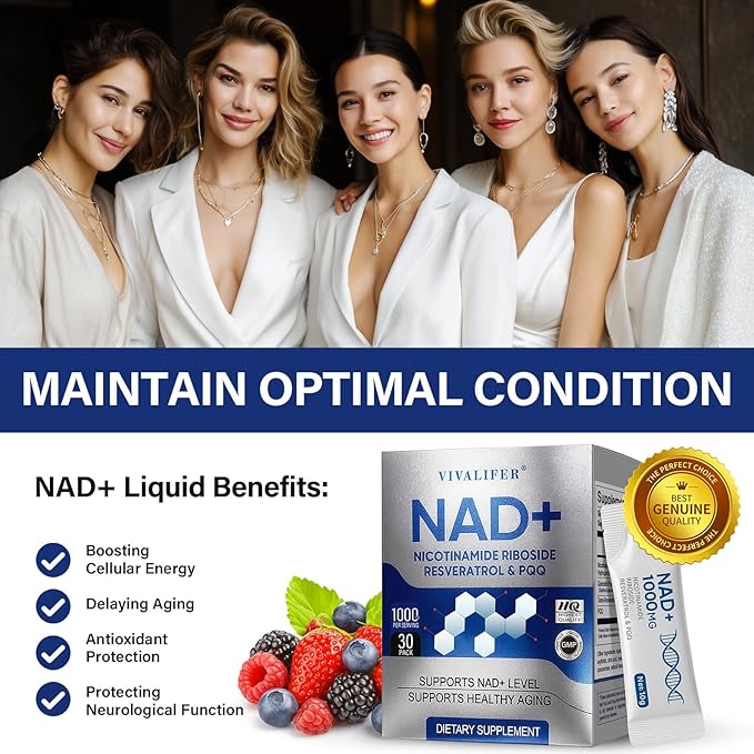 NMNH+ Liquid Supplement 30 Packets Premium Nicotinamide Riboside &amp Resveratrol with PQQ Promotes Anti-Aging Metabolism Support Focus &amp Energy Boost