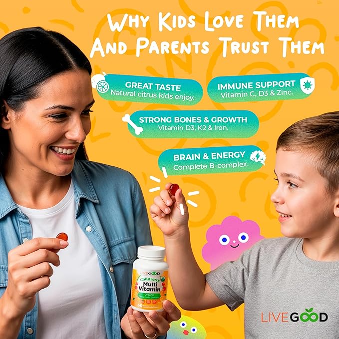 LIVEGOOD Organic Children’s Multivitamin Gummies Kids Multivitamin Vitamin D for Toddlers and Children Organic Kids Chewable Vitamins for Immunity Growth and Energy (60 Count)
