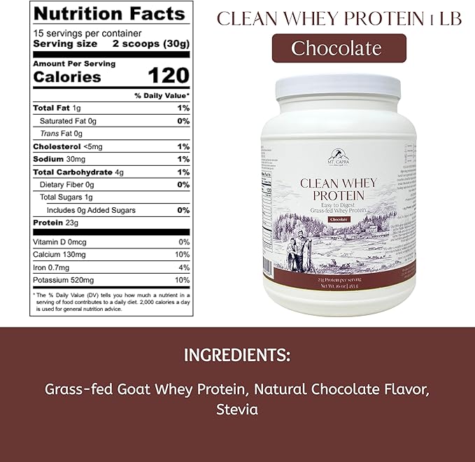 Mt. Capra Clean Whey Protein | Grass-Fed Undenatured Goat Whey Protein Powder | 23 g Protein Per Serving All Natural High in Branch Chain Amino Acids | Chocolate 1 lb (15 Servings)