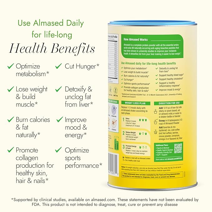 Almased Protein Powder GLP-1 Nutrition Support Supplement Meal Replacement Shake for Weight Loss high protein complete nutrition (Vanilla Flavor 3 Cans @ 17.6 oz ea + scoop + 700ml Shaker Bottle