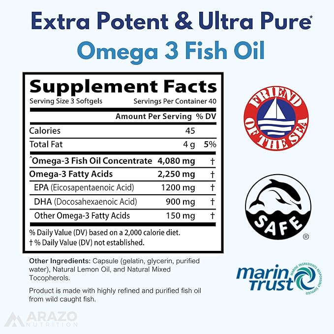 Arazo Nutrition Wild Caught Omega-3 Fish Oil Concentrate – 4080mg per Serving – High EPA 1200mg &amp DHA 900mg – 120 Burpless Lemon Softgels