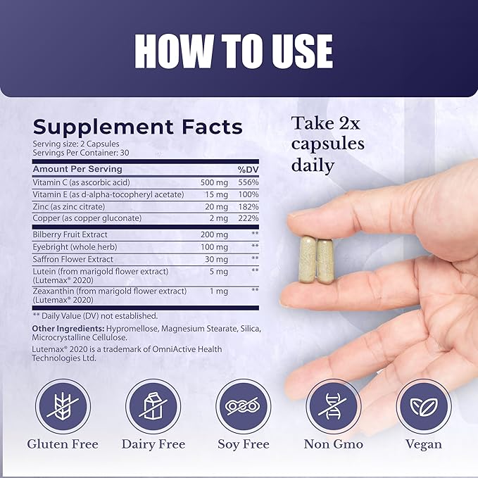 Vision Nutri Complex - Eye Vitamins with Lutein Bilberry - Eye and Vision Health for Men &amp Women - 60 Capsules