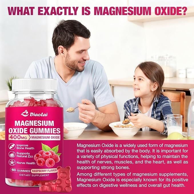 Magnesium Oxide Gummies 400mg for Nerve &amp Muscle Support - Chewable Supplement for Adults &amp Kids Sugar-Free Non-GMO Raspberry Flavor 120 Count