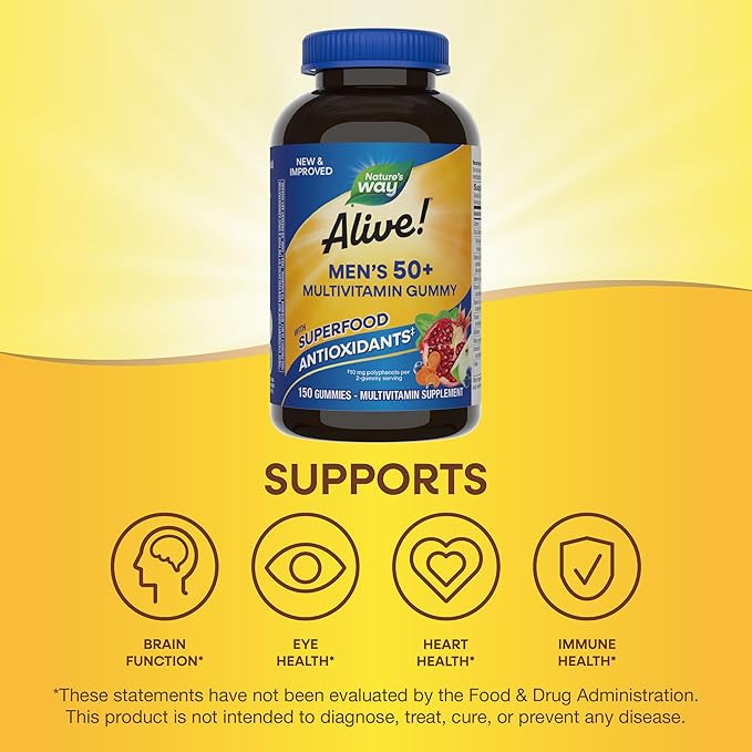 Nature's Way Alive! Men’s 50+ Daily Gummy Multivitamins Supports Healthy Brain Eyes Heart* B-Vitamins Gluten-Free Fruit Flavored 150 Gummies (Packaging May Vary)