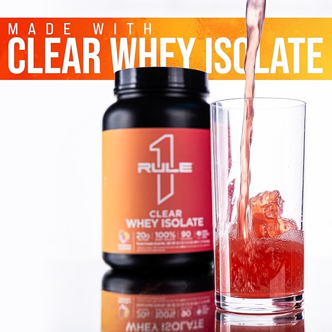 Rule 1 Clear Whey Isolate - 20g All-Whey Isolate Protein Mix Over 9g EAAs 90 Calories Zero Sugar Easy to Digest Light Crisp and Refreshing Taste (27 Servings Peach Mango)