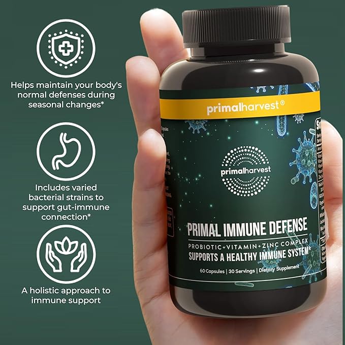 Primal Harvest Immune Defense 10-in-1 Supplement with Probiotics Zinc and Vitamins C D3 K2 B6 Daily Immune Support for Adults
